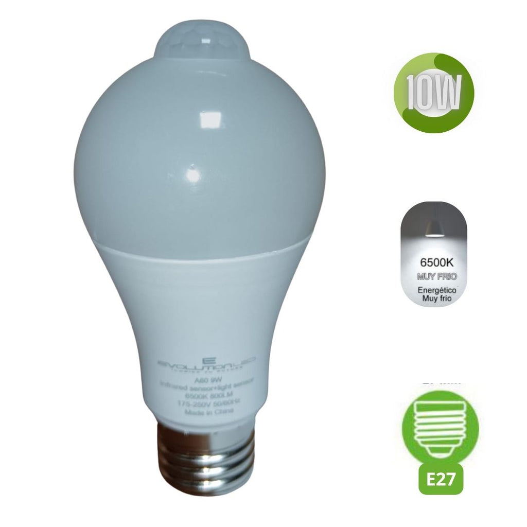 LAMPARA LED A60 9W LUZ FRIA CON SENSOR INFRAROJO Y SENSOR DE LUZ
