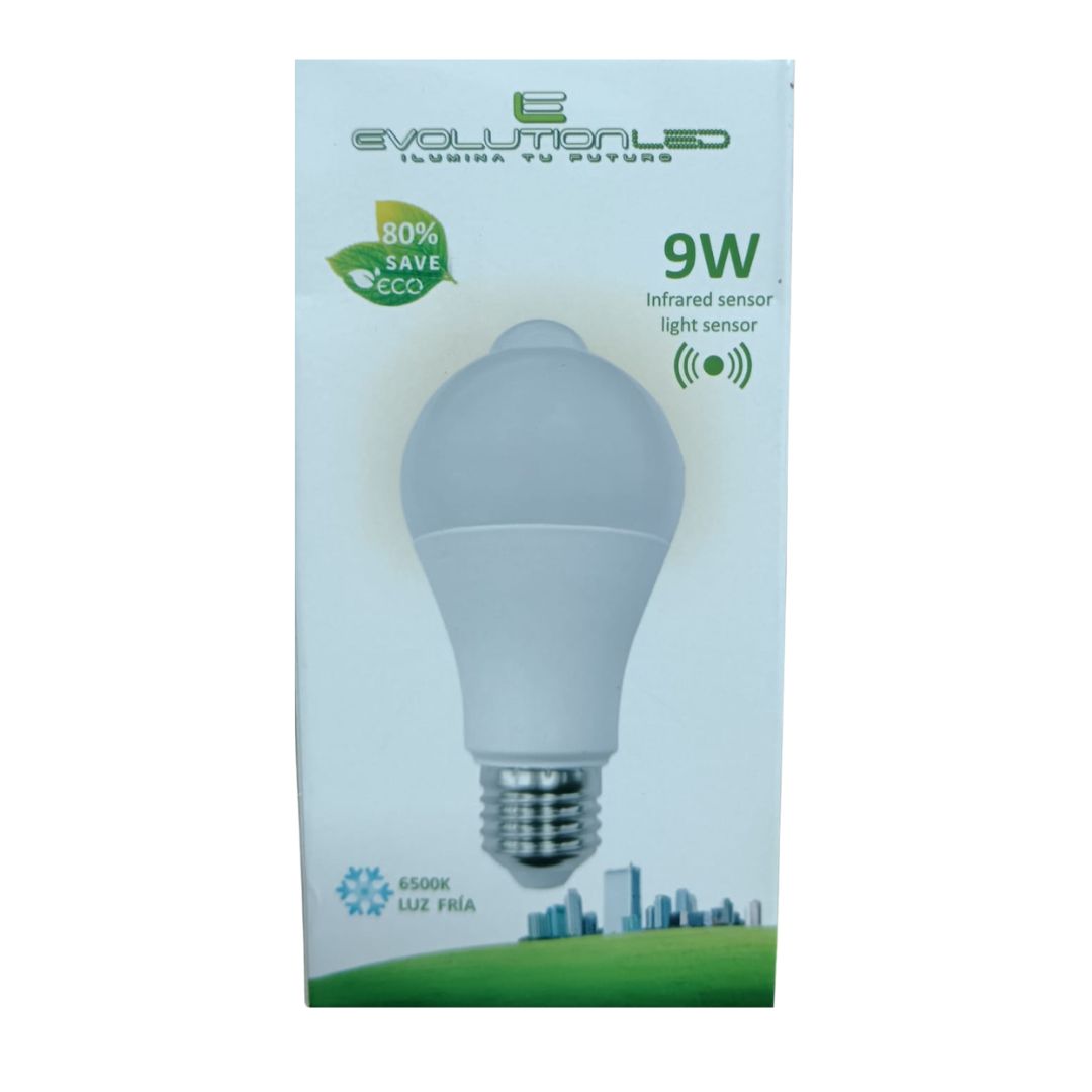LAMPARA LED A60 9W LUZ FRIA CON SENSOR INFRAROJO Y SENSOR DE LUZ